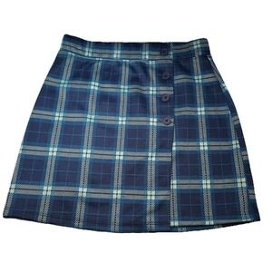 SO Good For Life Mini Skirt Women's Size XS Teal Plaid Buttons Pull On Stretch